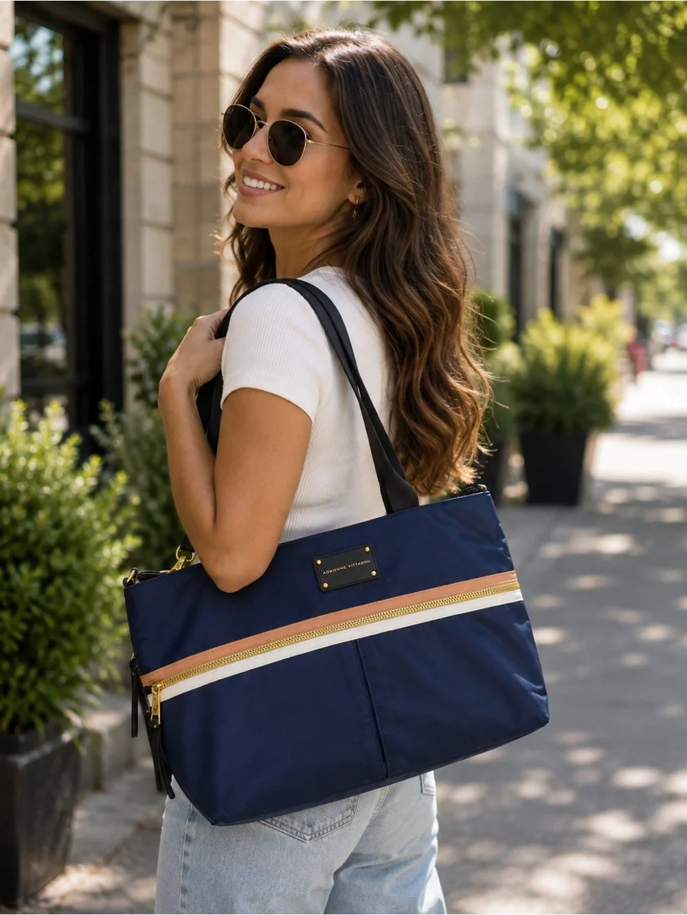 ADRIENNE VITTADINI  Navy Tote Bag with Metallic Trim - Classic Women's Shoulder